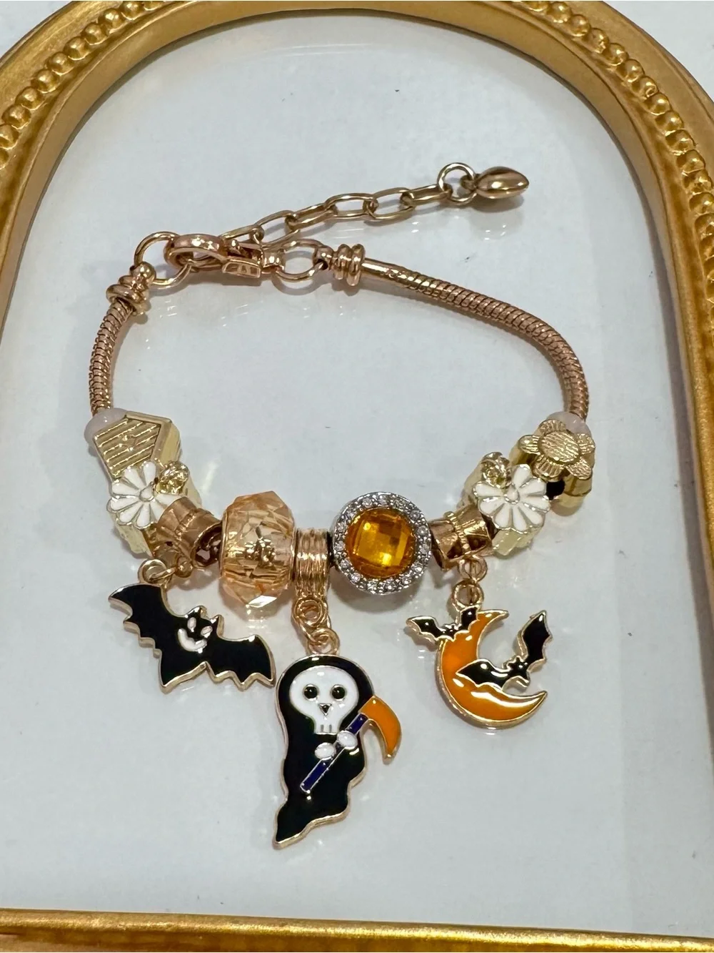 New Gold-Tone Halloween Charm Bracelet with Black & Orange Enamel Accents